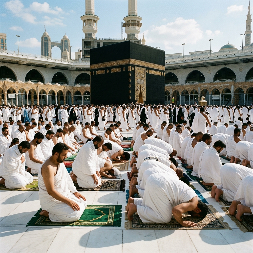 Jemaah pria berdoa di depan Ka'bah